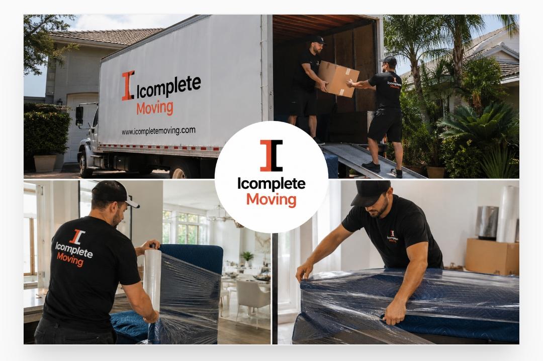 Icomplete Moving team unloading boxes and wrapping furniture